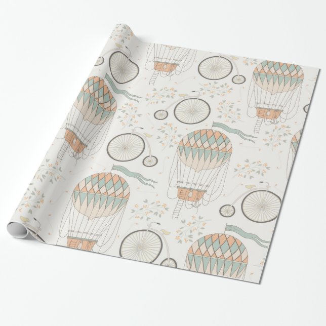 Papel De Presente Balões de Ar Quente e Bicicletas Antigas e Vintage (Desenrolado)