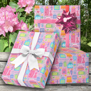 Papel De Presente Balões de Bolo Floral aniversário de 40 anos que A