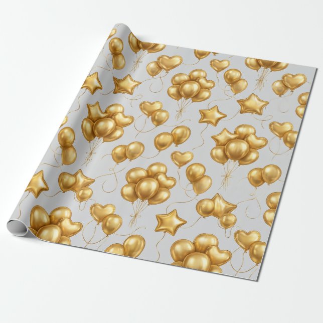 Papel De Presente Balões de Celebração Dourados Padrão (Desenrolado)