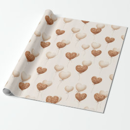 Papel De Presente Balões de Coração Marrom Creme Amor no Ar