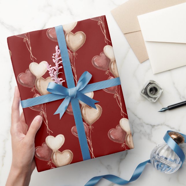Papel De Presente Balões de Coração Vermelho Creme Amor  (Presentear)