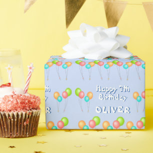 Papel De Presente Balões de Festa Azuis Aniversário Infantil Feliz