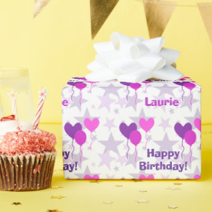 Papel De Presente Balões de lavanda Estrelas Personalizadas Anivers