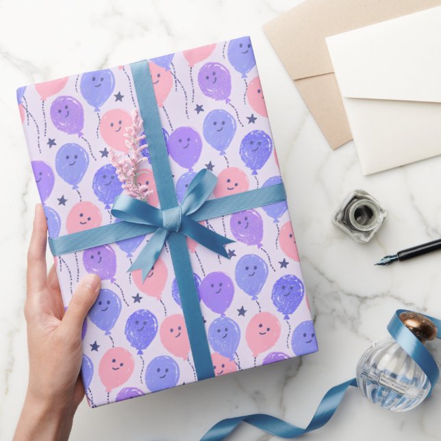 Papel De Presente Balões Divertidos Rosa e Roxo (Presentear)