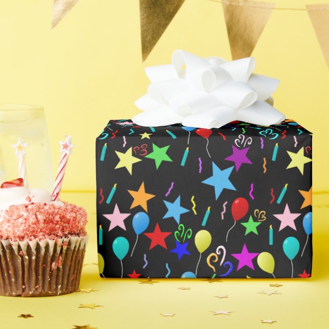Papel De Presente Balões e estrelas de festa coloridos (Festa de aniversário)