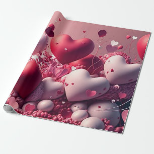 Papel De Presente Balões em forma de Coração Vermelho e Rosa