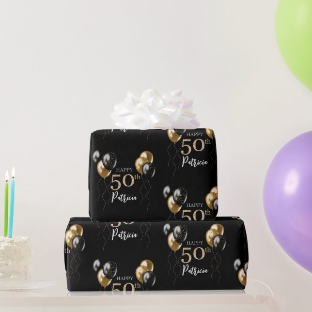 Papel De Presente Balões Negros e Dourados Felizes 50º aniversário (Presentes para festas)