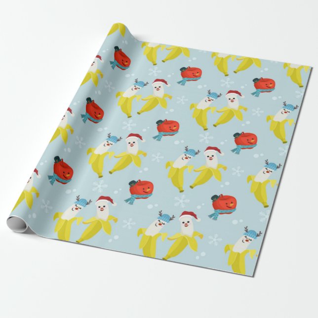 Papel De Presente Banana Bonita E Padrões De Natal De Maçã (Desenrolado)