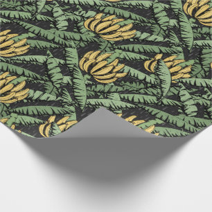 Papel De Presente Banana e Folhas Tropicais Pretas e Amarelas