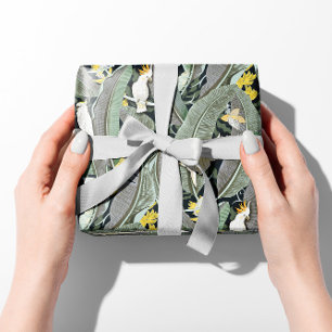 Papel De Presente Banana Verde Quente Oasis Folha com Cockatoas
