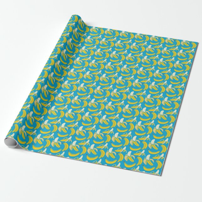 Papel De Presente Bananas amarelas, padrão de fundo azul (Desenrolado)