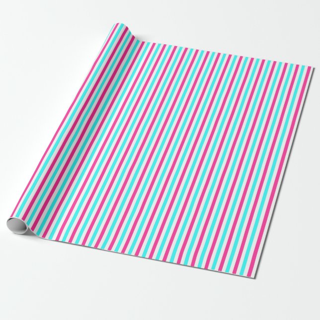 Papel De Presente Bandas brancas cor-de-rosa azul ciano (Desenrolado)