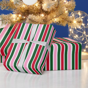 Papel De Presente Bandas de Canas de Natal em Verde Rosa e Vermelho