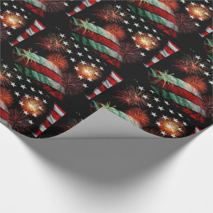 Papel De Presente Bandeira americana com fogos-de-artifício