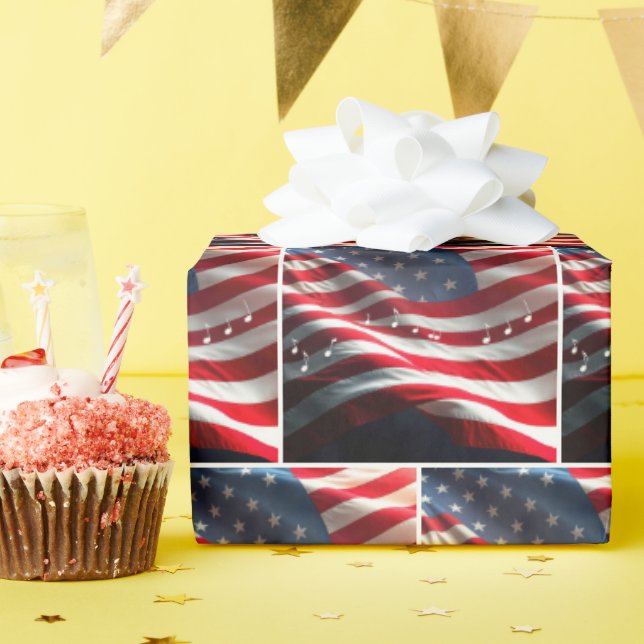 Papel De Presente Bandeira Americana Com Notas Musicais (Festa de aniversário)