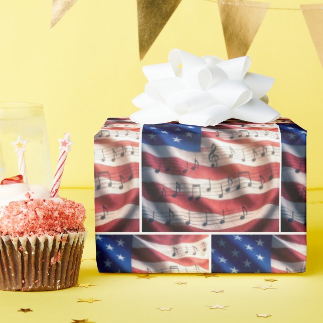 Papel De Presente Bandeira Americana Com Notas Musicais (Festa de aniversário)
