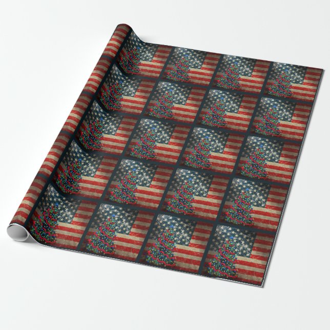 Papel De Presente Bandeira Americana Patriótica e Árvore de Natal (Desenrolado)