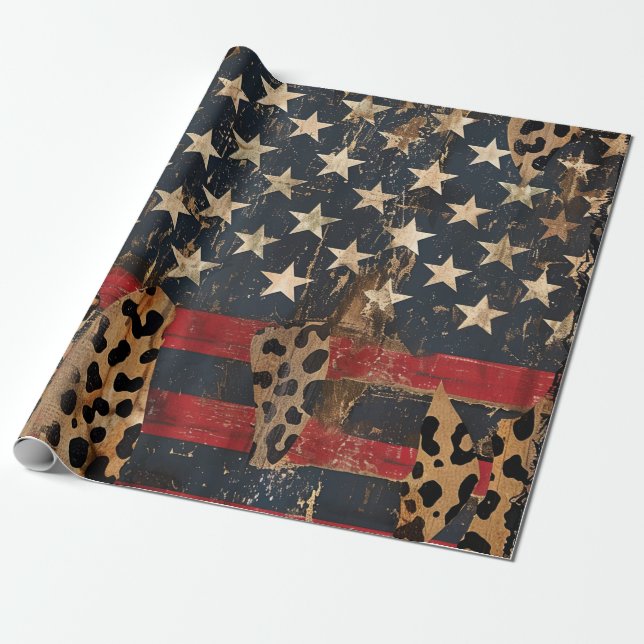 Papel De Presente Bandeira Americana Rústica com Estampa de Leopardo (Desenrolado)