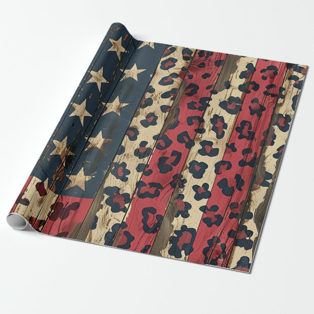Papel De Presente Bandeira Americana Rústica com Estampa de Leopardo (Desenrolado)