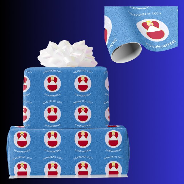 Papel De Presente Bandeira Austríaca Hanukkah Angel Personalizado (Hanukkah gift wrapping paper with angel dressed in Austrian flag. White text for name, year, holiday)