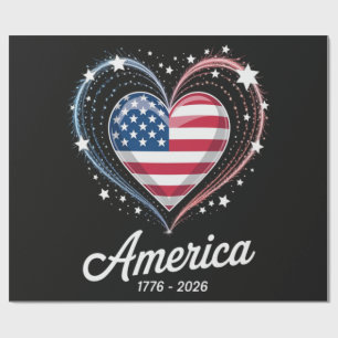 Papel De Presente Bandeira Coração 1776 2026 4 de Julho 250º Anivers