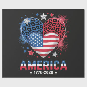 Papel De Presente Bandeira Coração Leopardo 1776 2026 4 de Julho