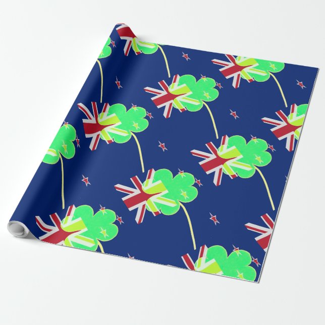 Papel De Presente Bandeira da Nova Zelândia Irlandesa Trevo de São P (Desenrolado)
