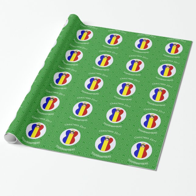 Papel De Presente Bandeira de Natal do Anjo Romeno Personalizada  (Desenrolado)