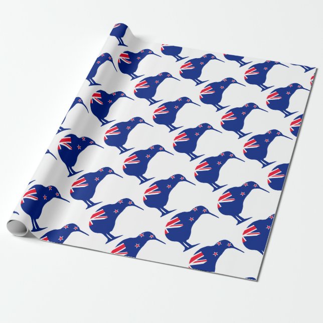 Papel De Presente Bandeira Nova Zelândia com a SIlhouette de Kiwi (Desenrolado)