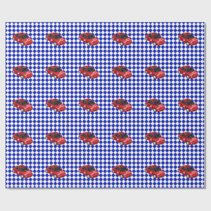 Papel De Presente Bandeira Xadrez Azul Carro Vermelho Aniversário