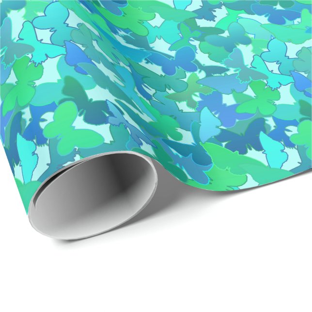 Papel De Presente Bando de Borboletas, Turquesa, Aqua e Azul-Céu (Ponta do rolo)