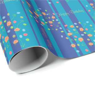 Papel De Presente Banhas A Azul Com Pequeno Pêssego Floral