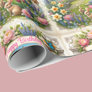 Papel De Presente Banner das Flores de primavera Nome Feliz Aniversá