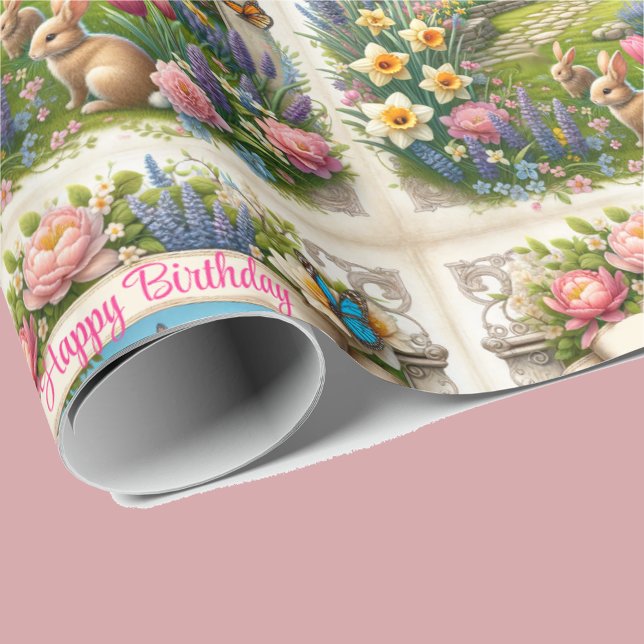 Papel De Presente Banner das Flores de primavera Nome Feliz Aniversá (Criador carregado)