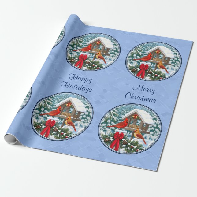 Papel De Presente Banquete de Natal dos Cardinhos Azul (Desenrolado)