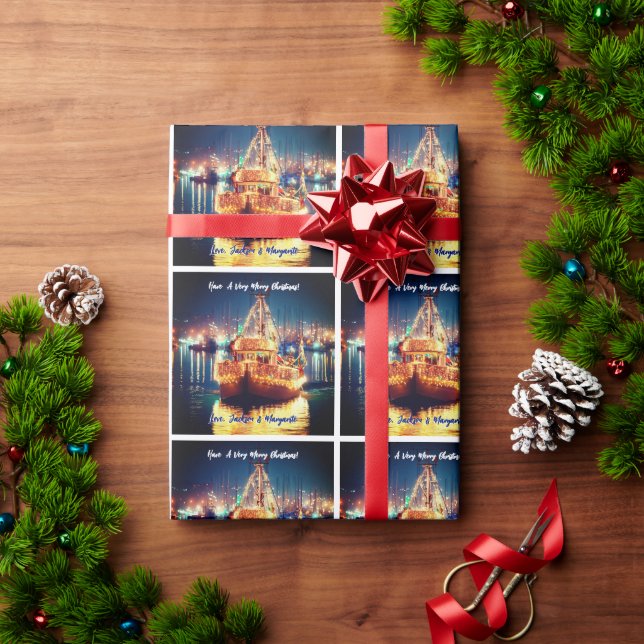 Papel De Presente Barco de Natal Com Luzes Douradas (Presente de Natal)