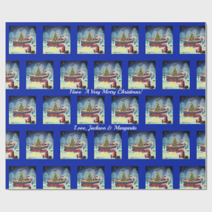 Papel De Presente Barco de Natal com Luzes e Neve