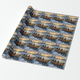 Papel De Presente Barco de Natal do Gato Preto Feriado