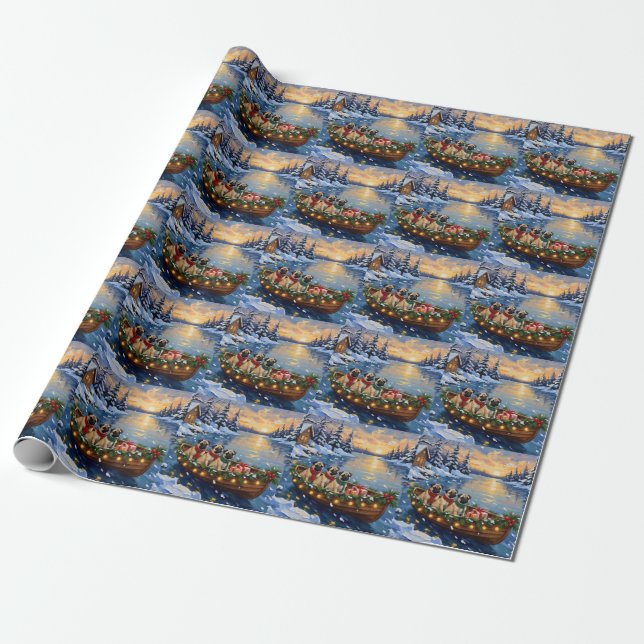 Papel De Presente Barco de Natal Pug Férias (Desenrolado)