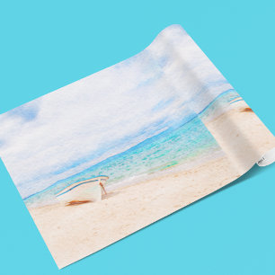 Papel De Presente Barco de Pesca com Cores Aquáticas Náuticas