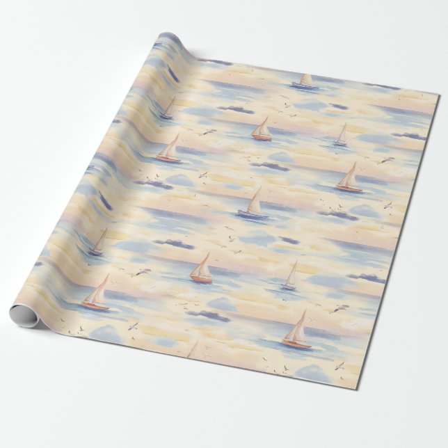 Papel De Presente Barcos à Vela Sonhadores Padrão Aquarela Oceano (2 (Desenrolado)