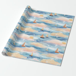 Papel De Presente Barcos à Vela Sonhadores Padrão Aquarela Oceano (3