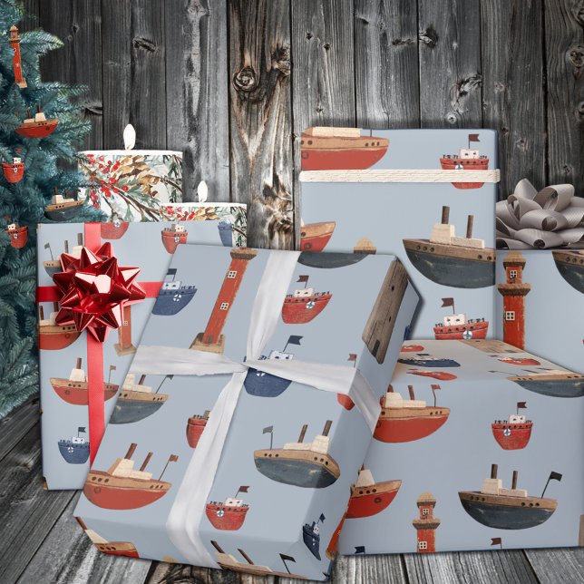 Papel De Presente Barcos De Madeira Pintados E Faróis 2 (Painted Wooden Boats & Lighthouses 2 Wrapping Paper in 6 & 15 foot long 30 inch wide rolls)