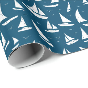 Papel De Presente Barcos Navegantes Náuticos - Branco Azul