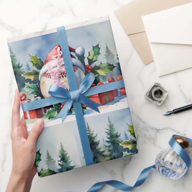 Papel De Presente Baseball Christmas themed with Santa Hat  (Presentear)