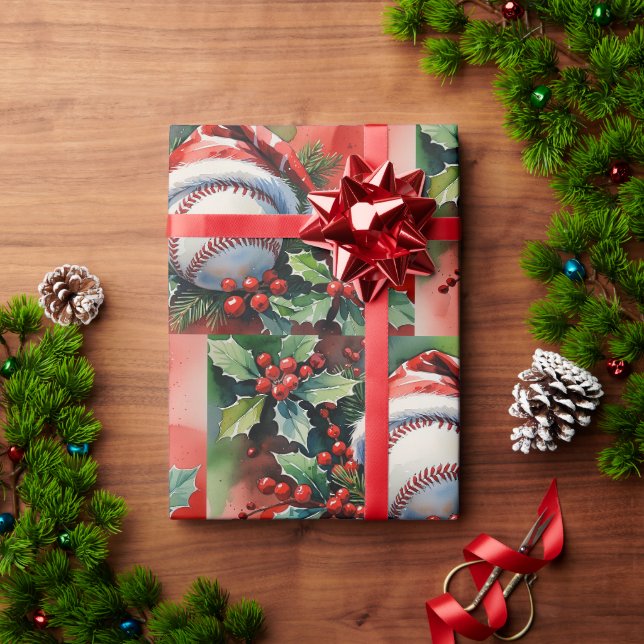 Papel De Presente Baseball Natal com chapéu de Papai Noel  (Presente de Natal)