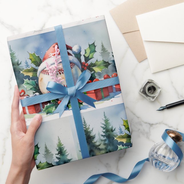 Papel De Presente Baseball Natal temático com chapéu de Papai Noel (Presentear)