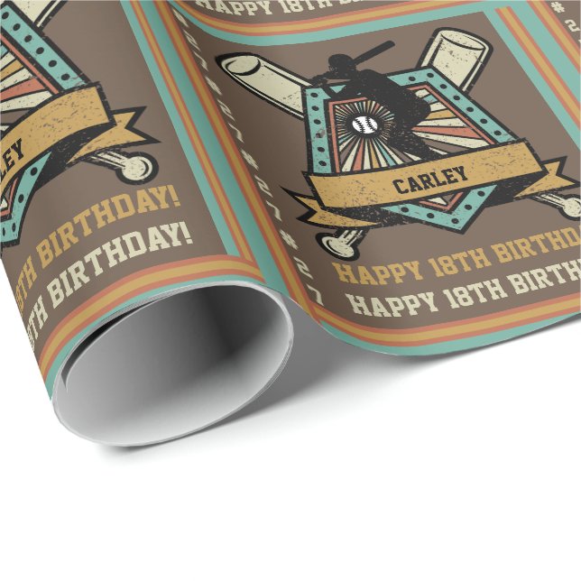 Papel De Presente Baseball Nome Idade Número Aniversário (Ponta do rolo)