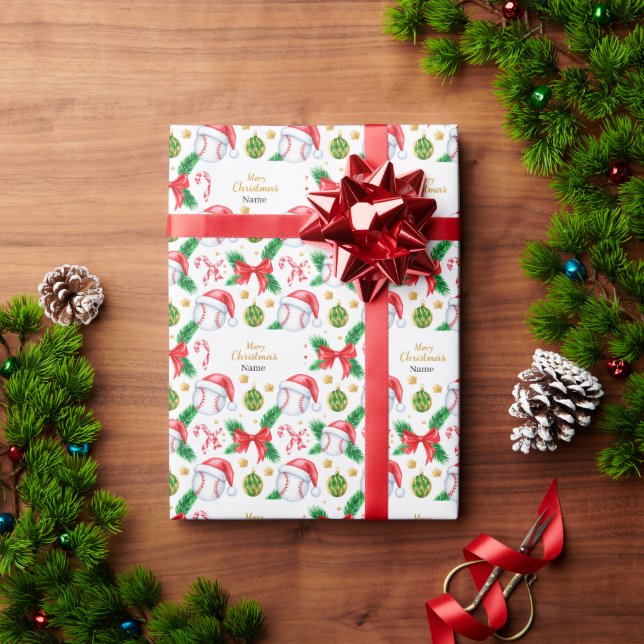 Papel De Presente Basebol de Natal com chapéu de Papai Noel (Presente de Natal)