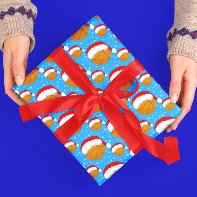 Papel De Presente Basquetebol Vestindo Chapéu de Papai Noel & Flocos (Criador carregado)